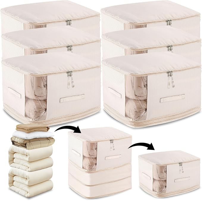 6 Pack Space Saving Comforter Storage Bag with Handle, 3-Layer Compression Blanket Storage Bags Adjustable In 3 Sizes (142L, 107L, 71L), Washable Bedding Organizer For Pillow Duvet Clothing Plush Toy