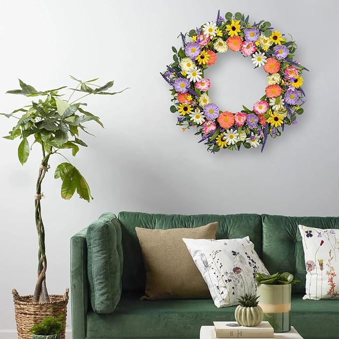 VioletEverGarden 28 Inch Spring Wreaths for Front Door Large Spring Wreath 6 Colors Floral Wreath with Lavender Daisy and Eucalyptus for Indoor Outdoor Holiday Celebration