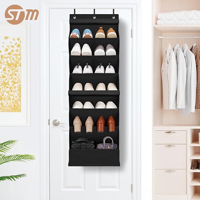 STORAGE MANIAC Over the Door Shoe Organizer with Curtain Dustproof Heavy-Duty Large Deep Pocket Hanging Shoe Organizer for Closet Dorm & Narrow Door Storage Shoe Holder Shoe Rack, 7-Shelf Black 1 Pack