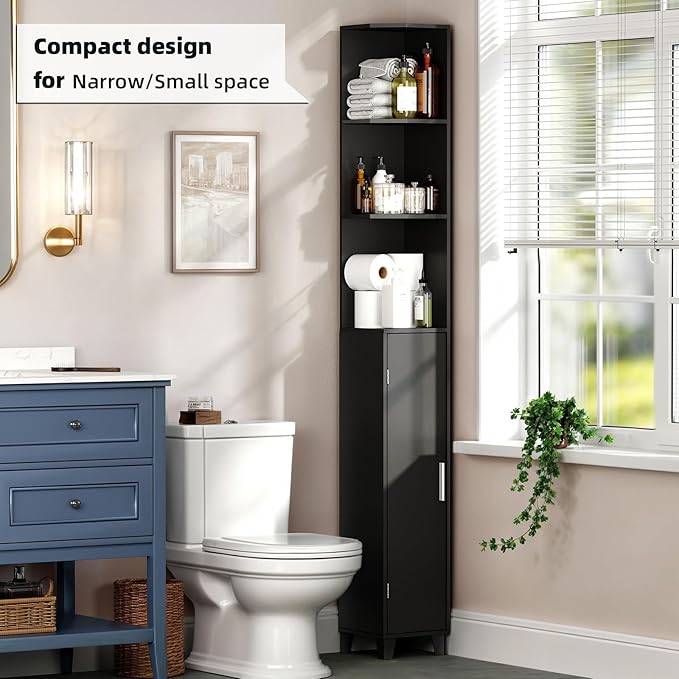 MOHOPE Corner Shelf with Cabinet, 74.8" Tall Corner Display Cabinet with Door, 5-Tier Narrow Bookshelf with Adjustable Shelves for Living Room, Bathroom, Dining Room, Small Space, Black