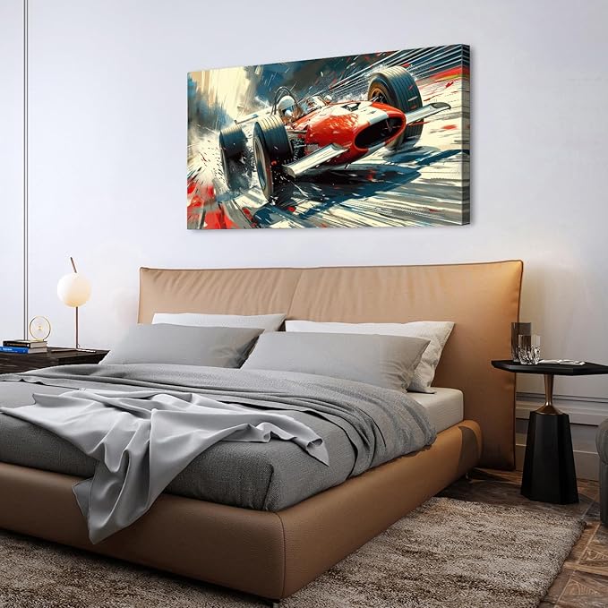Vintage Formula Race Car Wall Art Abstract Racing Car Canvas Painting Retro Speed Posters for Boys Bedroom Man Cave Garage Office Living Room Home Decoration Open Wheel Motorsport Artwork 29.53x57.87"