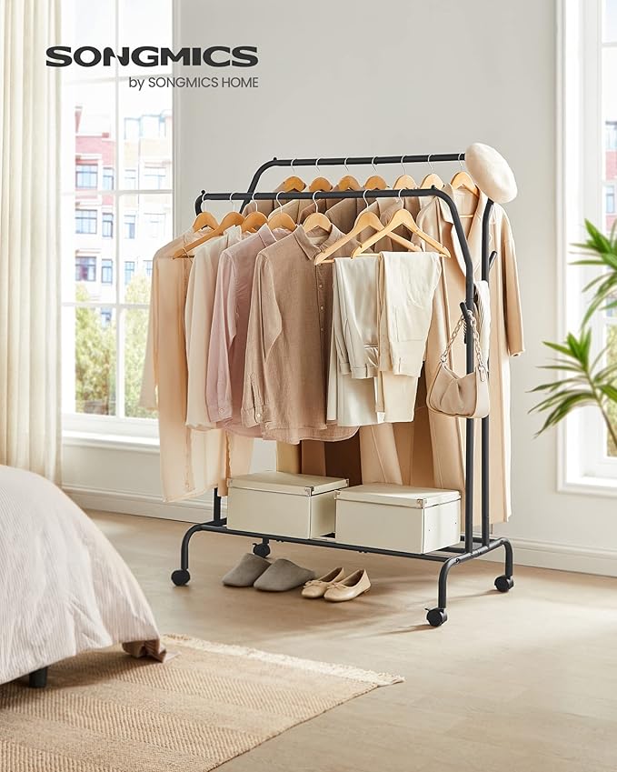 SONGMICS Clothes Rack, Double-Rod Clothing Rack for Hanging Clothes with Wheels, Garment Rack, Metal Frame, 220 lb Max. Total Load, 40.7 Inches Wide, Clothes Storage and Display, Black UHSR107B01