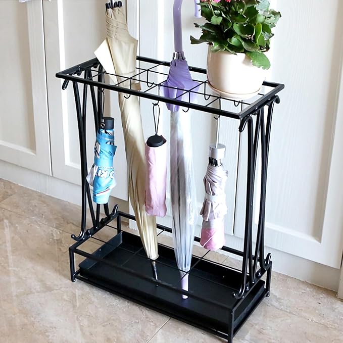 10-Hole Umbrella Holder Stand with 8 Hooks - Removable Drip Tray Umbrella Rack for Entryway, Home & Office Storage Solutions