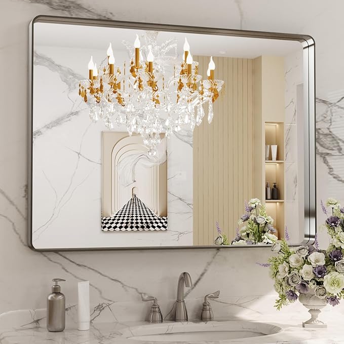 LOAAO 40X32 Inch Brushed Nickel Bathroom Mirror, Rounded Rectangle Silver Metal Frame Mirror, Brushed Nickel, Anti-Rust, Shatter Proof, Hangs Horizontally or Vertically