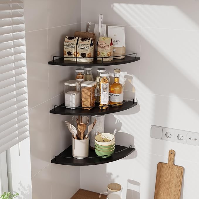 JJL Corner Shelf with Rails, 3-Tier Fan-Shaped Floating Corner Shelf Wall Mounted, 12 Inch Black Rustic Wood Heavy Duty Wall Storage for Bathroom Kitchen Living Room Bedroom