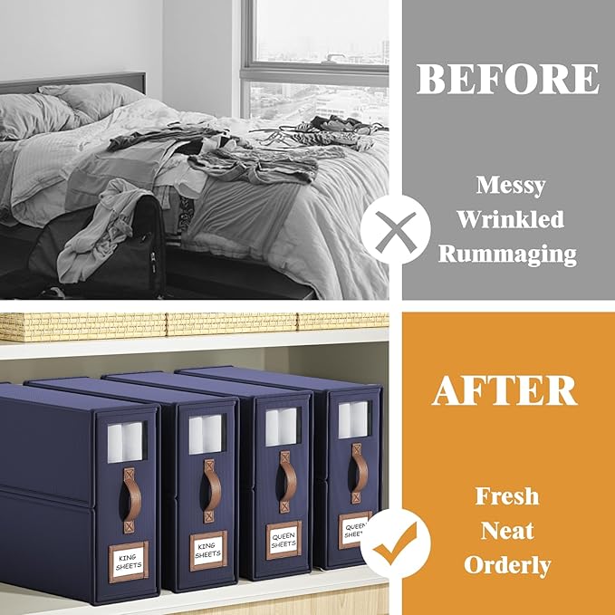 4 Pack Foldable Bed Sheets Set Organizers and Storage(King & Queen Size),Linen Fabric Closet Organizers with Window,Folding Bedding Storage Box for Bedsheets and Pillow Cube Organizer-Blue