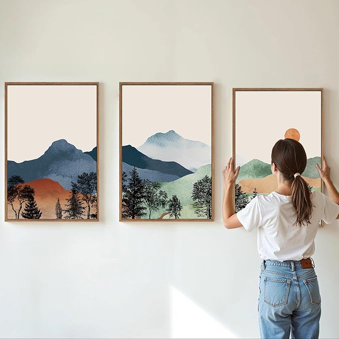 SIGNINART Boho Mountain Framed Canvas Wall Art Set of 3, Watercolor Nature Landscape Art Prints, Modern Sunrise Art Paintings, Green Forest Wall Decor for Living Room, Bedroom, Office 24"x36"x3