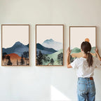 SIGNINART Boho Mountain Framed Canvas Wall Art Set of 3, Watercolor Nature Landscape Art Prints, Modern Sunrise Art Paintings, Green Forest Wall Decor for Living Room, Bedroom, Office 16"x24"x3