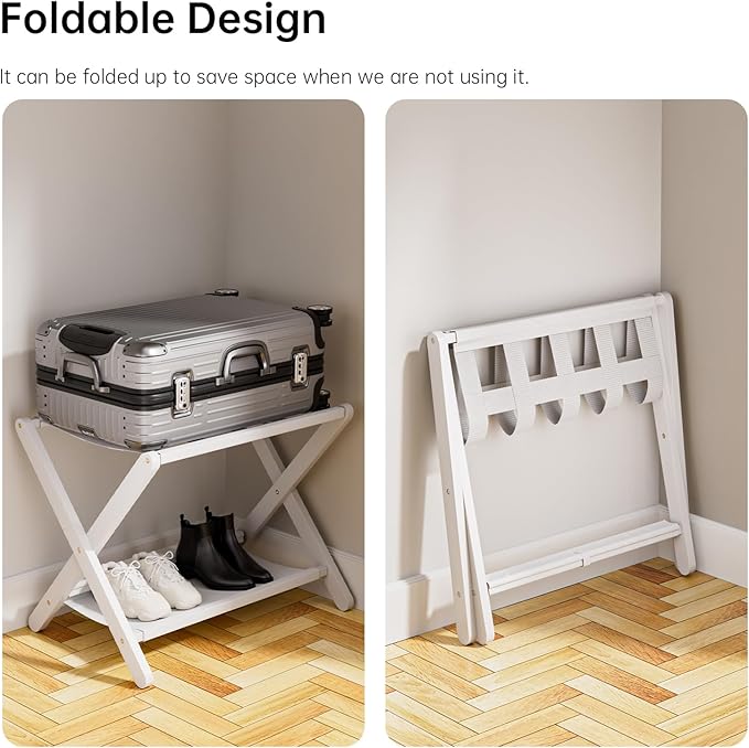 HITNET White Luggage Rack, Folding Suitcase Stand, Bamboo Luggage Holder with Storage for Guest Room Bedroom Hotel