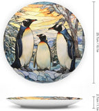 Penguins Family Snowy Forest Stained Glass Painting Decorative Plates Home Decor Ceramic Plates, Dinner Plates Display for Kitchen, Hallway Console Side Table, Presents for Penguin Lovers, 10 Inch