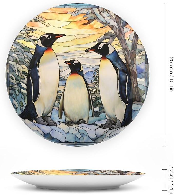 Penguins Family Snowy Forest Stained Glass Painting Decorative Plates Home Decor Ceramic Plates, Dinner Plates Display for Kitchen, Hallway Console Side Table, Presents for Penguin Lovers, 10 Inch