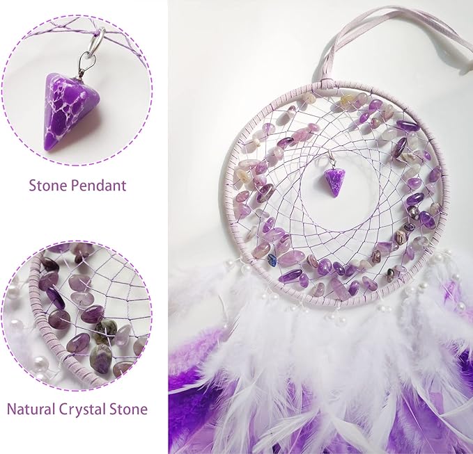 Purple Dream Catcher Wall Decor Feather Dream Catchers with Crystal Pendant Handmade Dreamcatcher Wall Hanging Ornament for Bedroom Living Room Home Decor