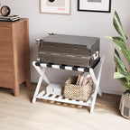 Smuxee Fully Assembled White Luggage Rack, Upgraded Bamboo Foldable Suitcase Stand with 5 Nylon Straps, Luggage Holder with Shelf for Guest Room Bedroom Hotel (White Luggage Rack 1pcs)