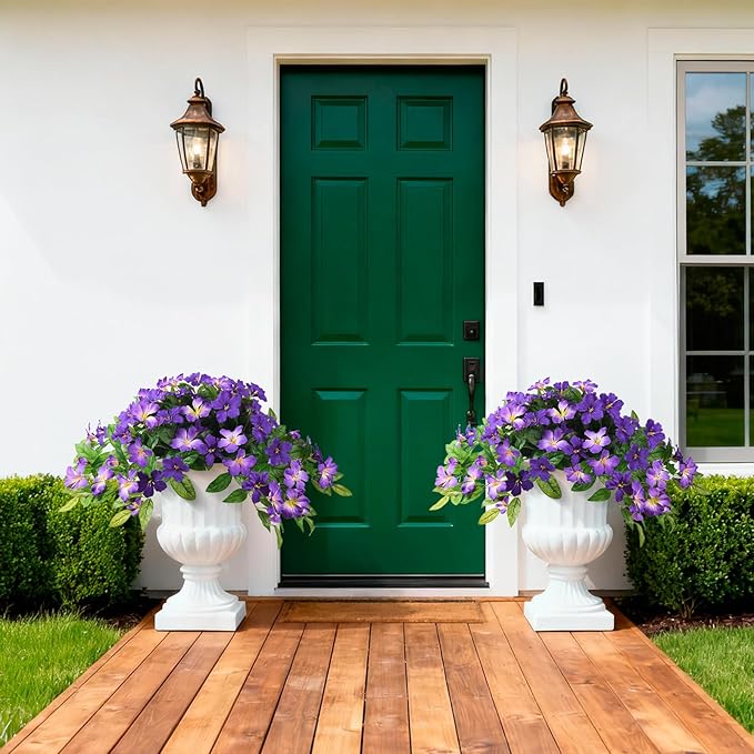Homsunny Artificial Fake Flowers Plants Outdoor, 2PCS Realistic Faux Silk Flowers UV Resistant Fake Outdoor Flowers for Spring Outside Porch Garden and Home Patio Yard Decor (Double Purple)