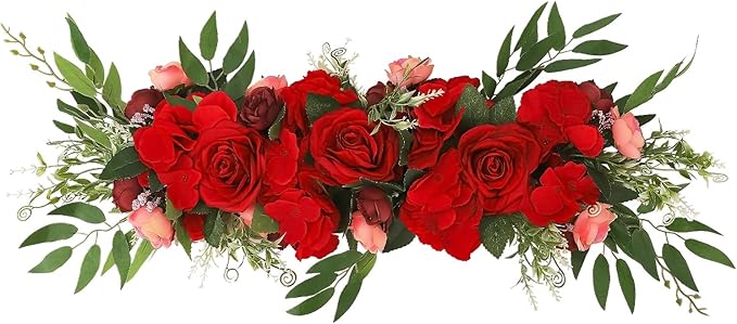 Artificial Peony Flower Swag, 29.6in Faux Eucalyptus Leaves Corner Rose Floral Swags, Artificial Mirror Flower Chair Back Flower Swags for Sheer Drapes, Wedding Chair, Arbor, Wedding(red)