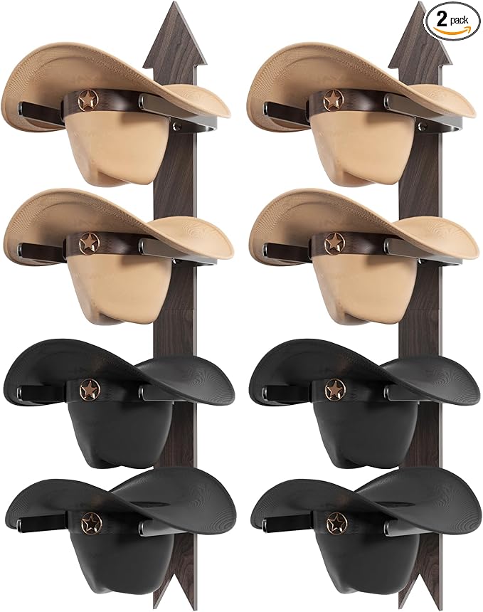 Cowboy Hat Rack for Wall, Cowboy Hat Holder Wall Mount Holds up to 4 Hats, Wooden Western Rustic Metal Hat Hanger with Arrow Sign Board, Hat Organizer for Western Hat, Fedora, Sun Hats (2 pack)