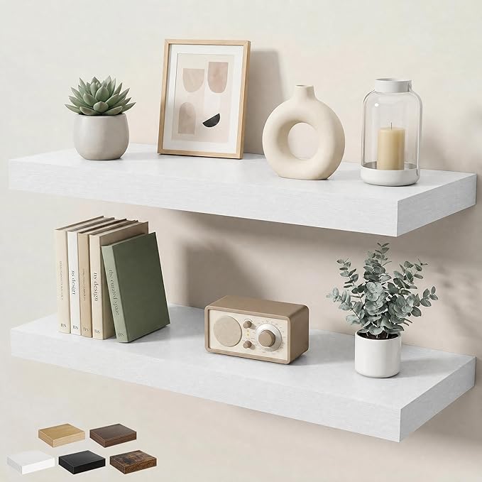 Floating Shelves for Wall 32 in x 9.3 in Deep, Wall Mounted Rustic Wood Shelf with Invisible Brackets for Storage & Display, Living Room Bedroom Bathroom, White, 2 Pack