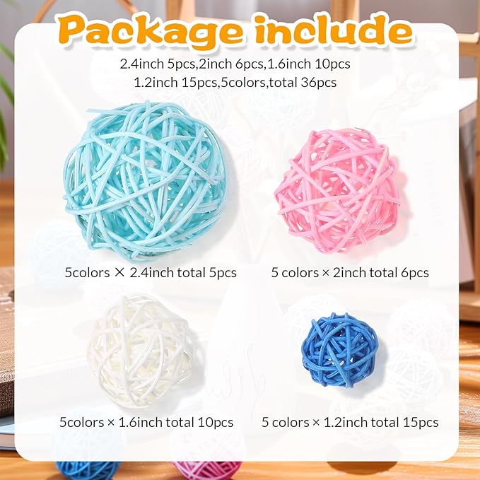 Patelai 36 Pcs Wicker Rattan Balls Decorative Balls for Vase Centerpiece Bowls Orbs Filler for Home Decor,4 Sizes(White, Pink, Green, Grey, Blue,2.4'',2'',1.6'',1.2'')