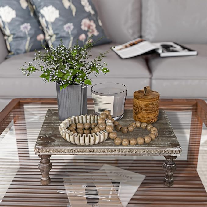 MAONAME Wood Display Risers Decorative Tray, Farmhouse Pedestal Stand for Display Home Decor, Vintage Brown Beaded Wooden Tray for Kitchen Counter, Short and Tall Footed