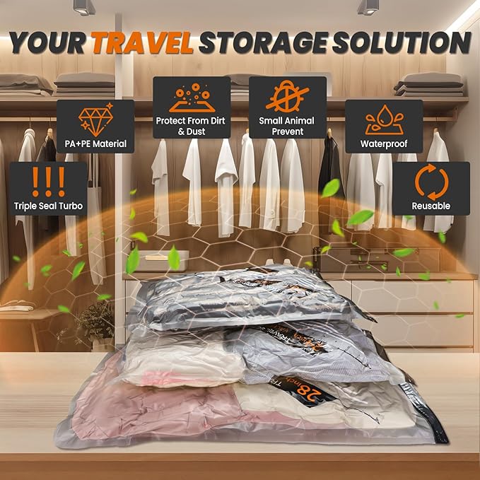 12 PCS Travel Vacuum Bags with Pump, Space Saver Vacuum Storage Bags Travel Pack Vacuum Kit with Wireless Electric Pump for Luggage Blankets Clothes, 6-20 inch, 4-24inch, 2-28inch