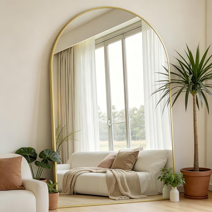 Prywot Full Length Mirror, Oversized 90"x46" Arched-Top Floor Mirror, Free Standing Mirrors, Modern Full Body Mirrors with Aluminum Alloy Frame for Bedroom,Living Room, Gold