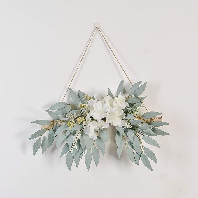 Artificial Flower Swag, 11.8in Eucalyptus Swags with White Flowers Handmade Greenery Hanging Decoration Swag for Wedding Arch Home Decor, Green, 210320XU03-7852-1500036402