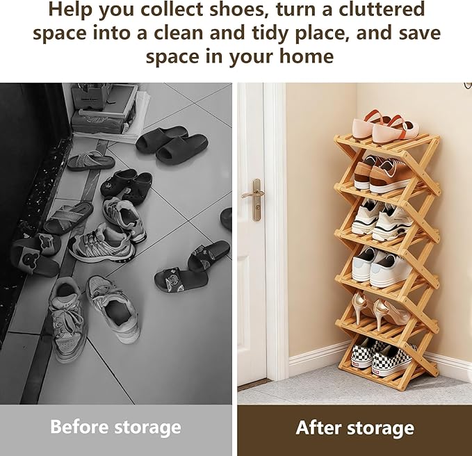 Simcat Bamboo Shoe Rack, Portable Folding Shoe Storage Rack,No Installation Free Standing Shoe Rack for Entryway, Closet, Dorm/Small Spaces (6 Tier)