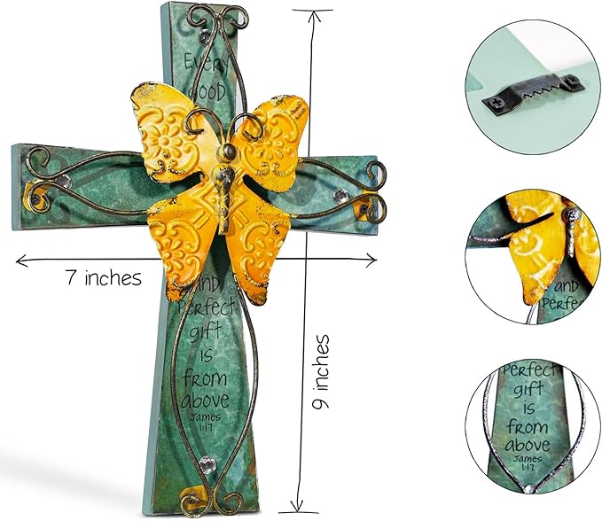 MelinSam Wooden Wall Cross Christians Cross with Antiqued Metal Butterfly and Inspirational Prayer Inscribed Blessed for Church Home Room Decoration Gifts