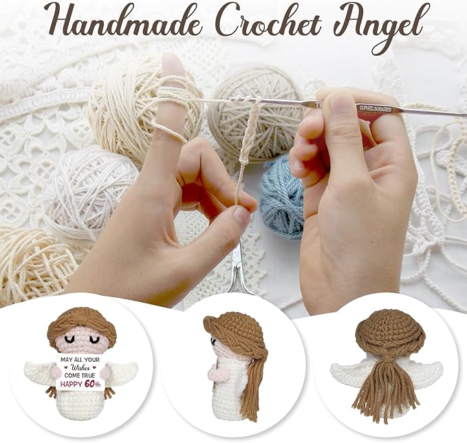 60th Birthday Gifts for Women Men, 1966 60th Birthday Decorations, Happy 60 Year Old Gifts for Family Friends Colleagues - Handmade Positive Angel Crochet Doll