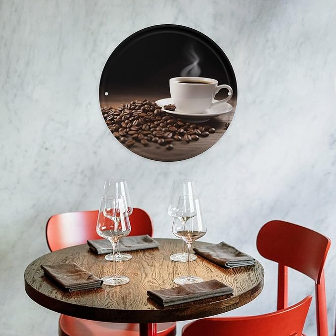 Wall Picture, with Coffee Cup and Coffee Beans Printed Circular Iron Hanging Picture,Wall Art Decor,Home for Bedroom Living Room Bathroom Decor,Iron Painting 11.8X11.8 in