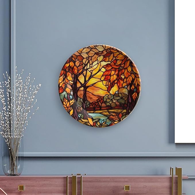 Autumn Decorative Plates, Stained Glass Design Fall Tree Landscape Display Plate for Home Office Kitchen Table Decor Porcelain Plates 7 Inch, Thanksgiving Gifts