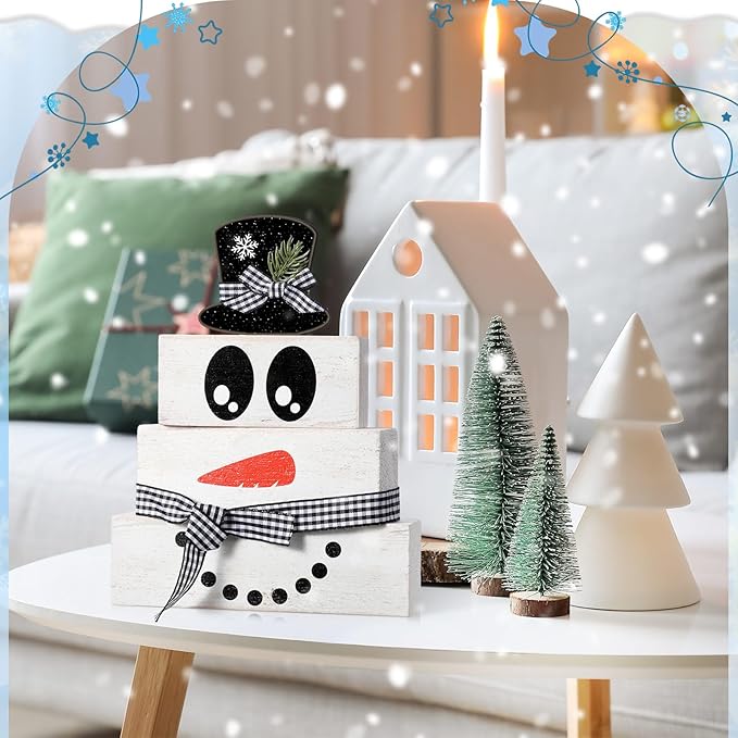 Moucuny 4 Pcs Winter Table Decoration Wooden Snowman Decor Black and White Winter Tiered Tray Decor Rustic Snowman Face Wood Block Sign Gift Christmas Centerpiece Farmhouse for Wonderland Home
