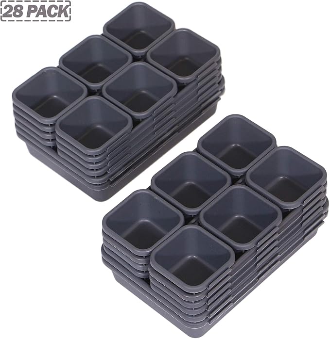 Set of 28 Interlocking Desk Drawer Organizer Tray Dividers Plastic Shallow Narrow Drawers Organizers Separators Storage Bins Container for Kitchen Bathroom Makeup Office Vanity Bedroom Dresser
