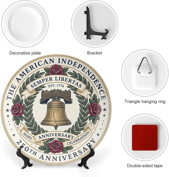 250th Anniversary Decorative Plates 10 Inch Vintage Liberty Bell Patriotic Decorations Commemorative Plates with Stand Memorial Day 4th of July Veterans Day Home & Office