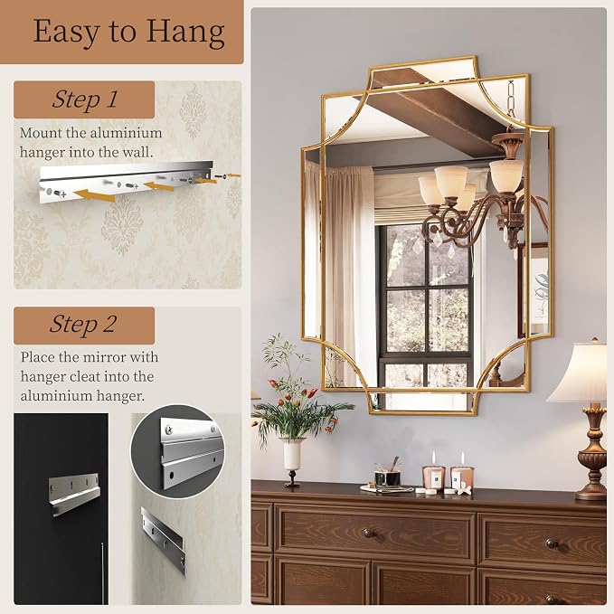 Kelly Miller Large Gold Decorative Mirror for Wall, 30"x40" Gold Bathroom Mirror Rectangle Vanity Wall Mirror Beveled for Master Bath Half Bath Living Room Bedroom Farmhouse Fireplace Hallway