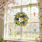 Idyllic 22 Inch Spring Wreath Blue Green Hydrangea with Orange Berries White Flowers Front Door Window Mantel Wedding Home Decor