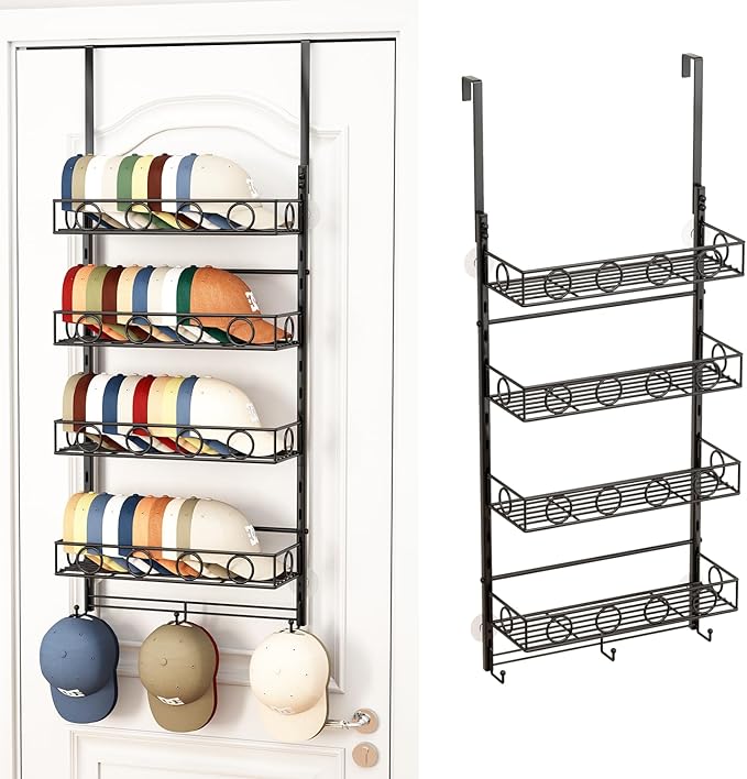 Over Door Hat Organizer 5 Tier Wall Mounted Hat Rack with 4 Adjustable Metal Basket and 3 Hooks Hat Organizer for Baseball caps Hat Hanger Holder Display for Door Closet Cap Organizer Storage