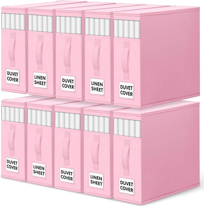 WOWBOX Sheet Organizers and Storage,Closet Bed Sheet Organizer Under Bed Storage and Organization with Label Cards & Clear Window for Bedding Sheets,Duvet Covers,Blankets (10 Pack，Pink)