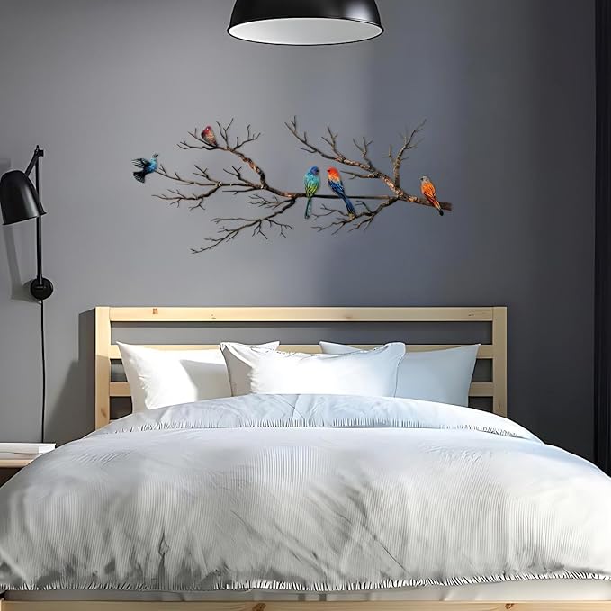 ESTART Metal Birds Wall Art, Metal Vivid Birds on Branch Silhouette Wall Decor Black Leaves with Bird Outdoor Hanging Wall Sculpture for Home Balcony Garden (Classic Color, Small)