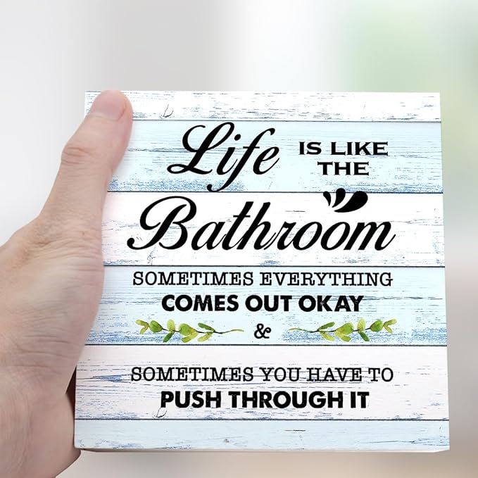 BlueL Life is Like The Bathroom Wooden Box Sign Desk Decor,Funny Bathroom Wood Block Sign for Farmhouse Toilet Shelf Decor