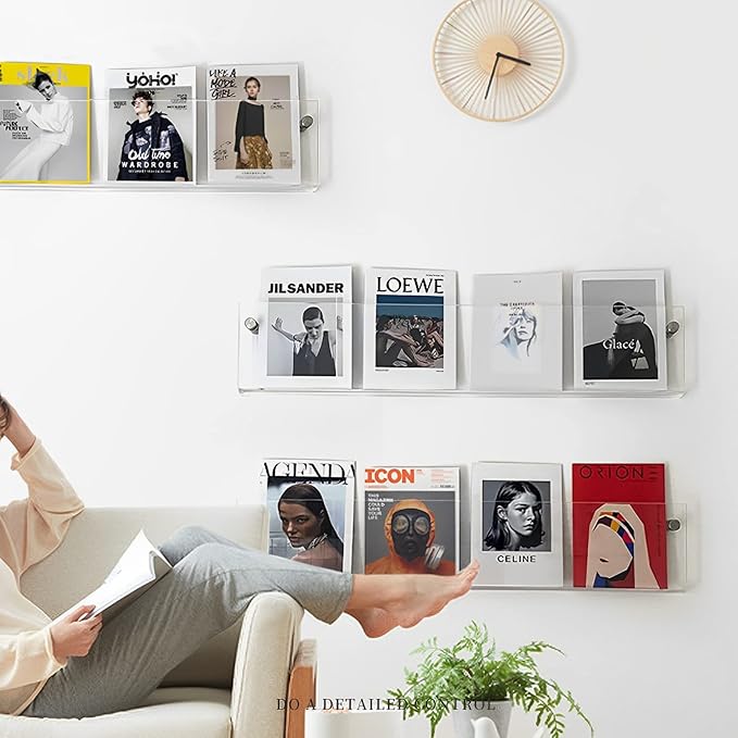 2-Pack Acrylic Magazine Holder Vinyl Records Holder, Display Floating Bookshelves Wall Mounted, Nursery Book Shelves Wall Decor Hanging Magazine Holder for Waiting Room, Living Room, Office