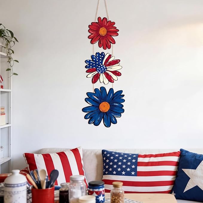 Lineshading 4th of July Decorations Patriotic Decorations Daisy Patriotic Hanging Wreath for 250th Anniversary Wooden Vintage American Hanging Wreaths Door Decor for Memorial Day Porch Wall Decor