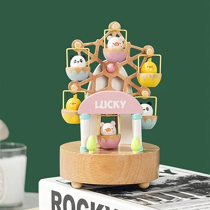 Natural Solid Wood Handcrafted Beech Wooden, Musical FigureTotoro/Carousel/Fairy/Ballerina Figurine,Rotating Hand Crank Mechanism Music Box,Musical Decorations (Colorful Skywheel)