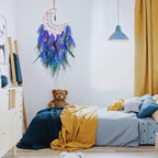 Dremisland Moon Dream Catcher with Fairy Lights-Handmade Feather Lucky Turquoise Pendant Beads Wall Hanging Ornament for Kids Bedroom Home Decoration,Art Craft Gift. (Blue&Purple)