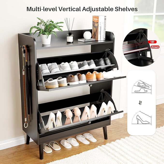 Shoe Storage Cabinet with 2 Flip Drawers, Freestanding Entryway Shoe Cabinet with 2 Side Hooks & Adjustable Shelves Slim Shoe Organizer Cabinet Narrow Shoe Rack for Entrance Hallway Front Door,Black