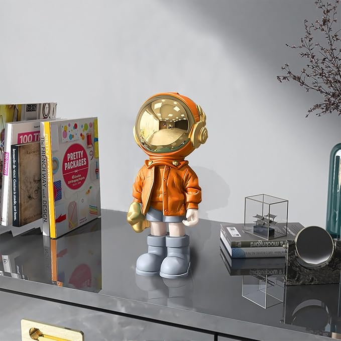 Dosker Small Astronaut Statues Mini Spaceman Sculpture Polyresin Arts Gifts Orange Figurine Ornament Room Decor for Men,Home and Desktop Accessories Tabletop Decoration, Living Room, Office, Bookshelf
