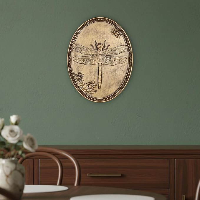 Vintage Dragonfly Wall Sculpture, Antique Wall Decor, Gold Wall Art, Hanging Decoration with Embossed Dragonfly Design, Vintage Decoration for Living Room Bedroom and Hallway, Housewarming Gift