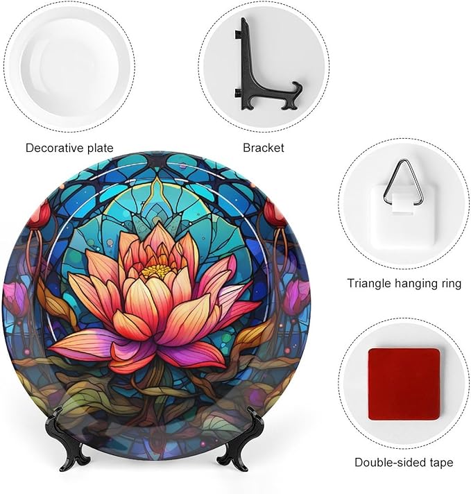 Decorative Plates, Stained Glass Design Gothic Mandala Lotus Ceramic Dinner Plate Home Wobble-Plate with Display Stand, Wall Hanging Decor for Kitchen Household 8 Inch, Gifts for Lotus Lover