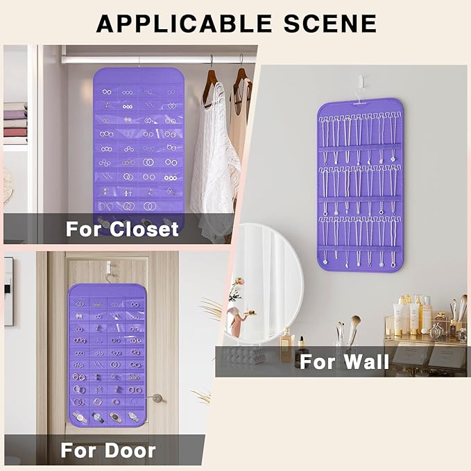 Hanging Jewelry Organizer Storage, 40 Pockets 36 Hooks Necklace Earring Necklace Bracelet Ring Organizer, Double - Sided Design, Purple