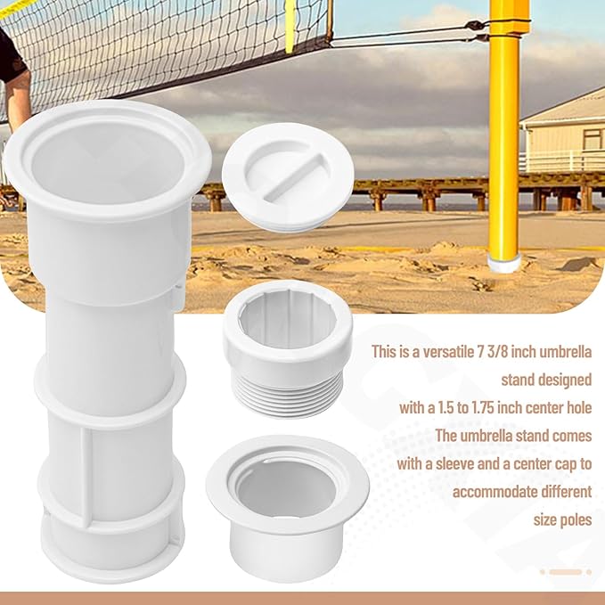 US105 Umbrella Stand with Sleeve and Center Cap, 7 1/2" Stand with Sleeve, for Umbrellas, Volleyball Poles and Tiki Torches, 1 1/2" - 1 3/4" Hole Can be Installed on Floor, Step or Deck - White